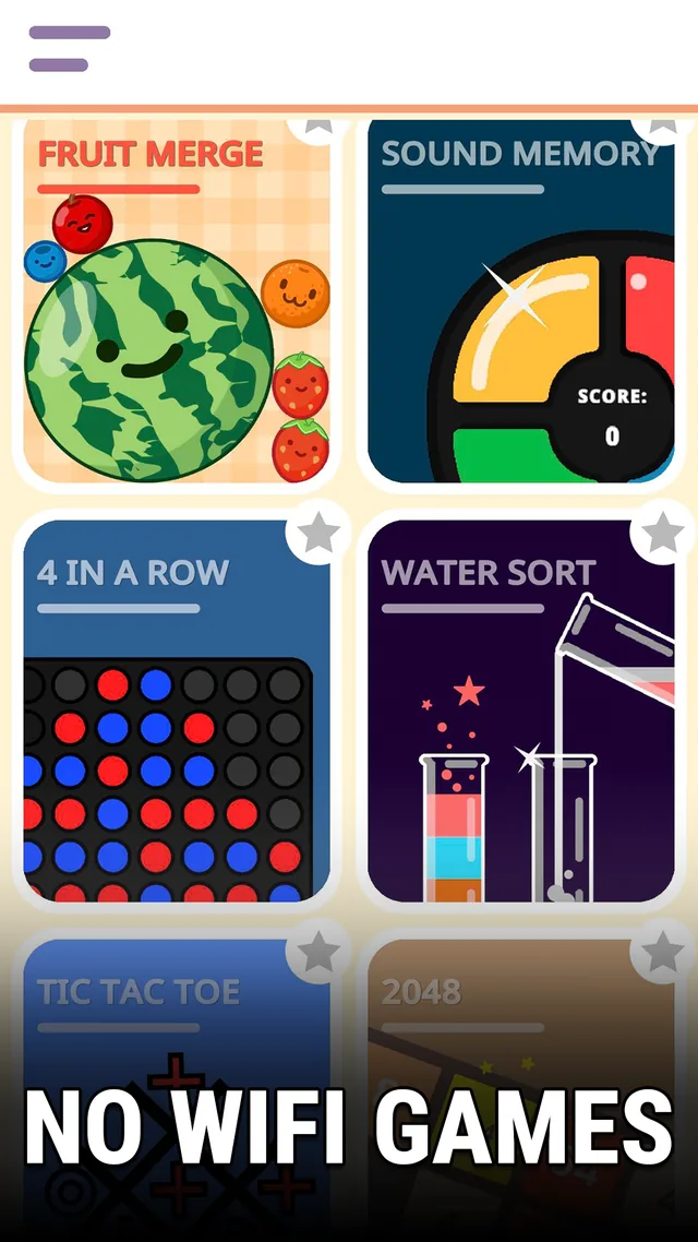 Offline Games - No WiFi: the game menu and gameplay from Fruit Merge, Block Fill, Water Sort, 2048, 4 In A Row, Sound Memory and Tic Tac Toe